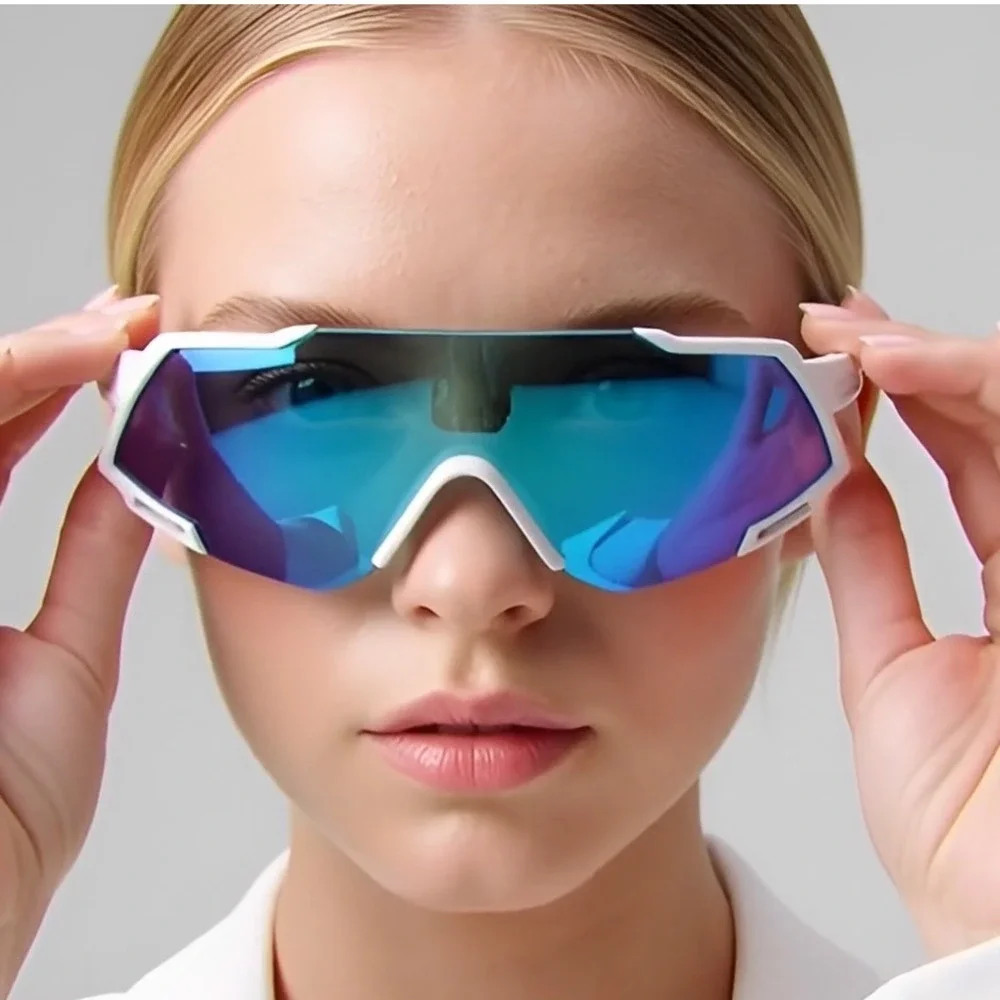 Men Sporty Wrap Sunglasses White Frame‎ Blue Mirror Lens Women's UV Protection